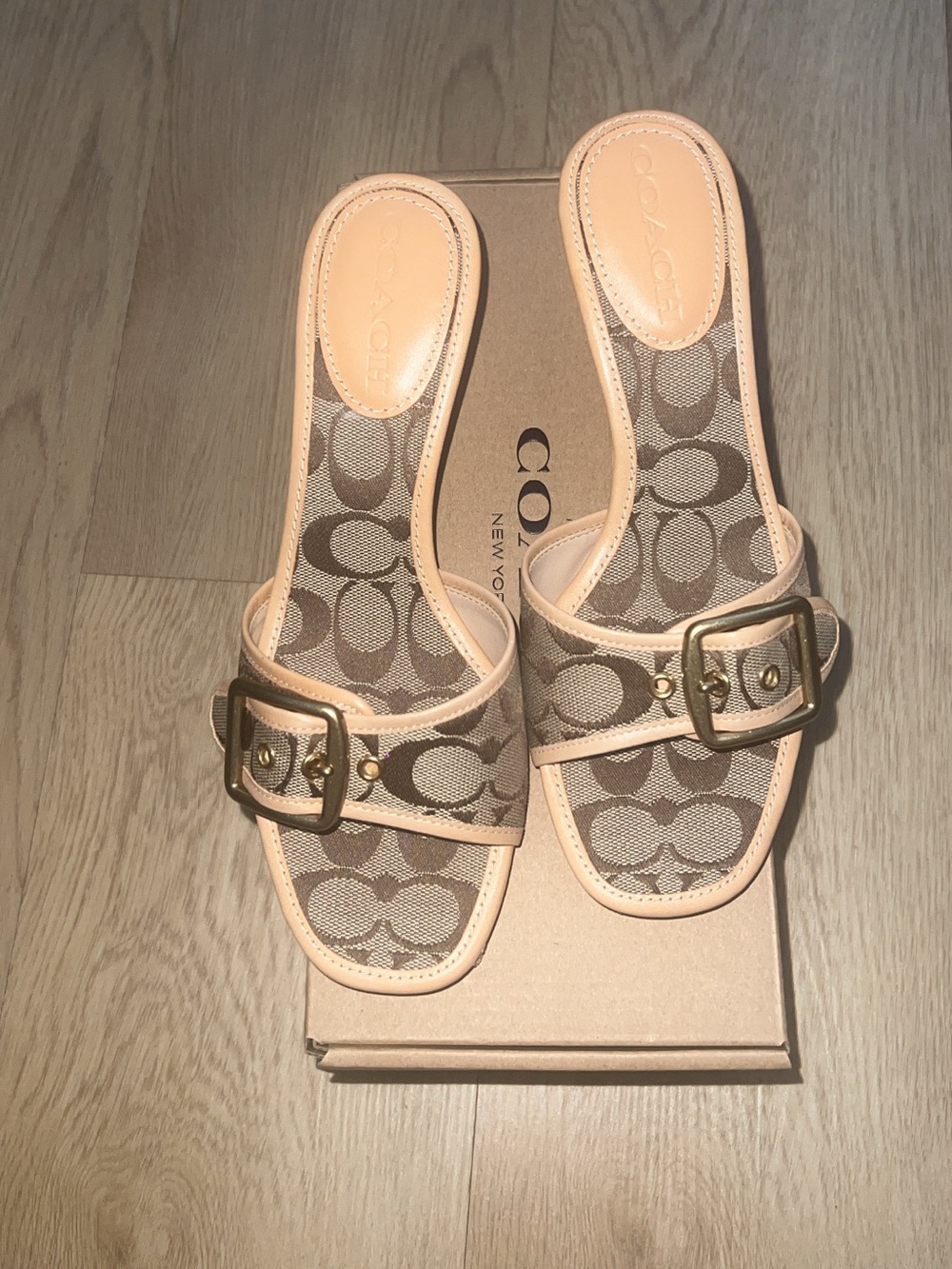 VIRAL Peach Coach Signature Canvas Kitten Heel Mules with Pale Peach Trim